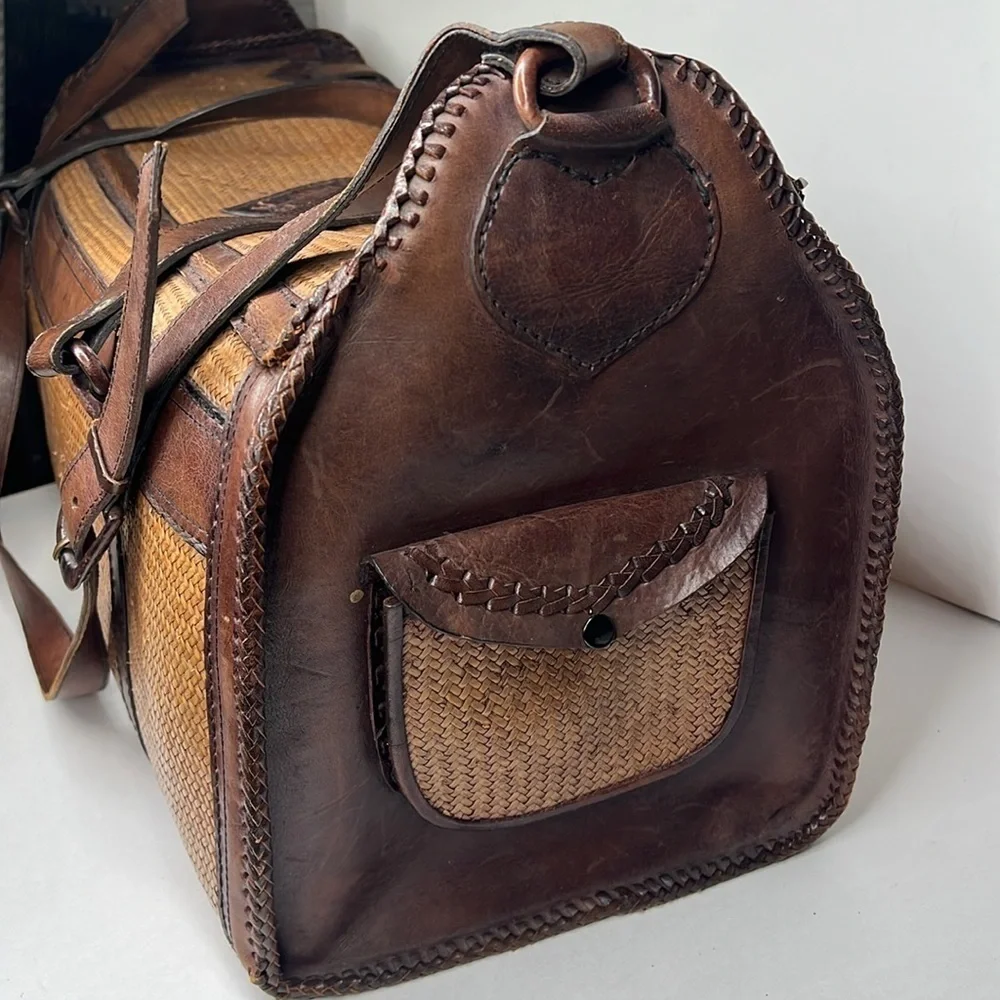 Leather Tightly Woven Wicker Extra Large Double Handle Shoulder Strap Travel Bag